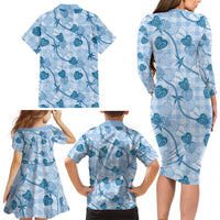 Anthurium Pikake Ti Leaf Palaka Family Matching Long Sleeve Bodycon Dress and Hawaiian Shirt Blue Version LT01 - Polynesian Pride
