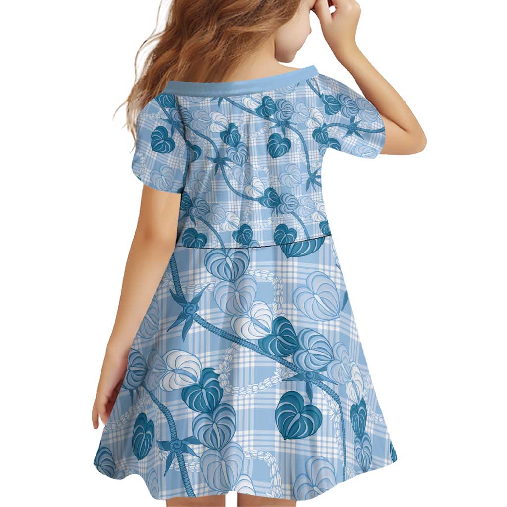 Anthurium Pikake Ti Leaf Palaka Family Matching Off The Shoulder Long Sleeve Dress and Hawaiian Shirt Blue Version LT01 - Polynesian Pride