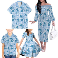 Anthurium Pikake Ti Leaf Palaka Family Matching Off The Shoulder Long Sleeve Dress and Hawaiian Shirt Blue Version LT01 - Polynesian Pride
