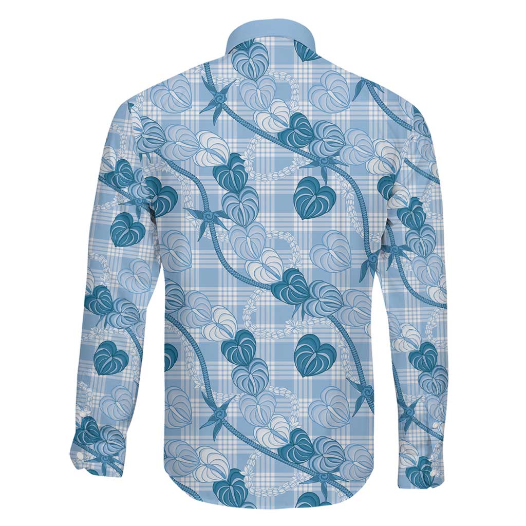 Anthurium Pikake Ti Leaf Palaka Family Matching Off The Shoulder Long Sleeve Dress and Hawaiian Shirt Blue Version LT01 - Polynesian Pride