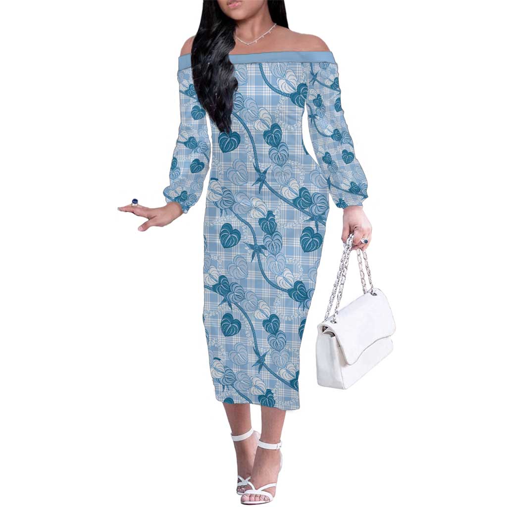 Anthurium Pikake Ti Leaf Palaka Family Matching Off The Shoulder Long Sleeve Dress and Hawaiian Shirt Blue Version LT01 Mom's Dress Blue - Polynesian Pride
