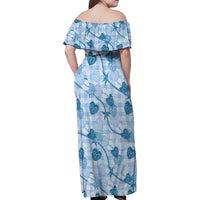 Anthurium Pikake Ti Leaf Palaka Family Matching Off Shoulder Maxi Dress and Hawaiian Shirt Blue Version