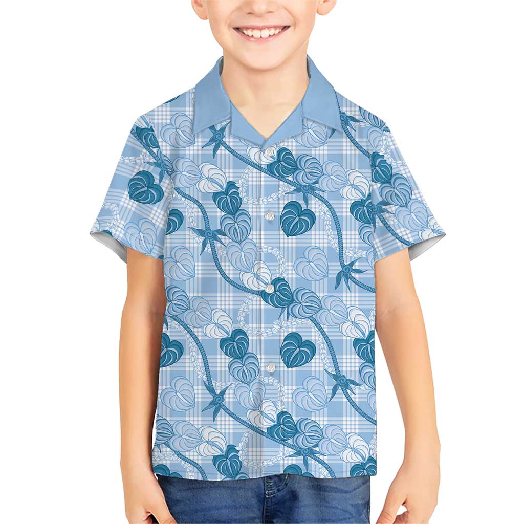 Anthurium Pikake Ti Leaf Palaka Family Matching Off Shoulder Maxi Dress and Hawaiian Shirt Blue Version
