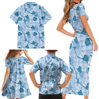 Anthurium Pikake Ti Leaf Palaka Family Matching Short Sleeve Bodycon Dress and Hawaiian Shirt Blue Version LT01 - Polynesian Pride