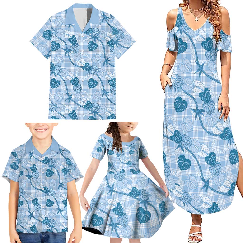 Anthurium Pikake Ti Leaf Palaka Family Matching Summer Maxi Dress and Hawaiian Shirt Blue Version