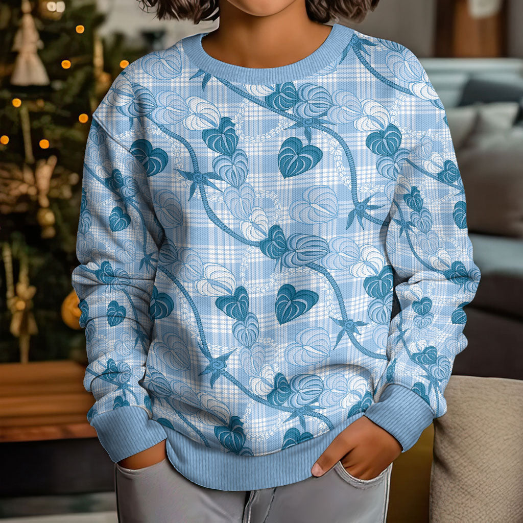 Anthurium Pikake Ti Leaf Palaka Kid Ugly Christmas Sweater Blue Version LT01 - Polynesian Pride