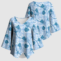 Anthurium Pikake Ti Leaf Palaka Kimono Sleeve Blouse Blue Version