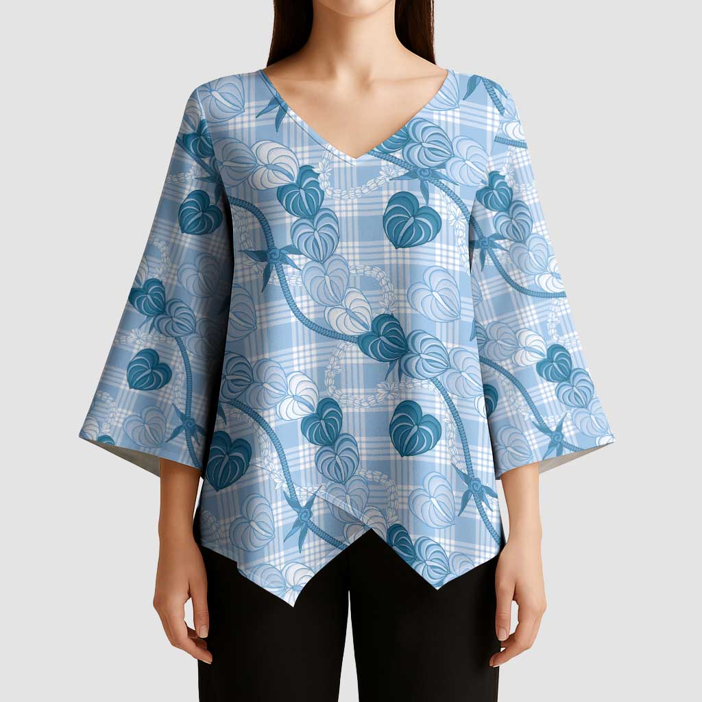Anthurium Pikake Ti Leaf Palaka Kimono Sleeve Blouse Blue Version
