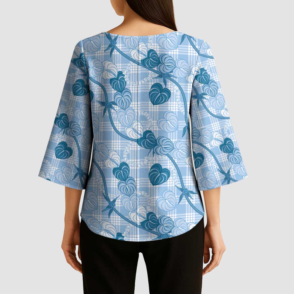 Anthurium Pikake Ti Leaf Palaka Kimono Sleeve Blouse Blue Version