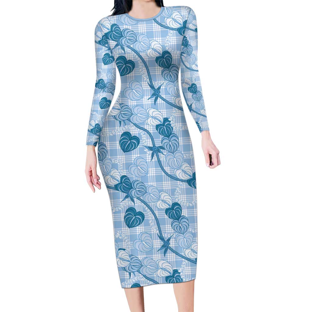 Anthurium Pikake Ti Leaf Palaka Long Sleeve Bodycon Dress Blue Version LT01 Long Dress Blue - Polynesian Pride