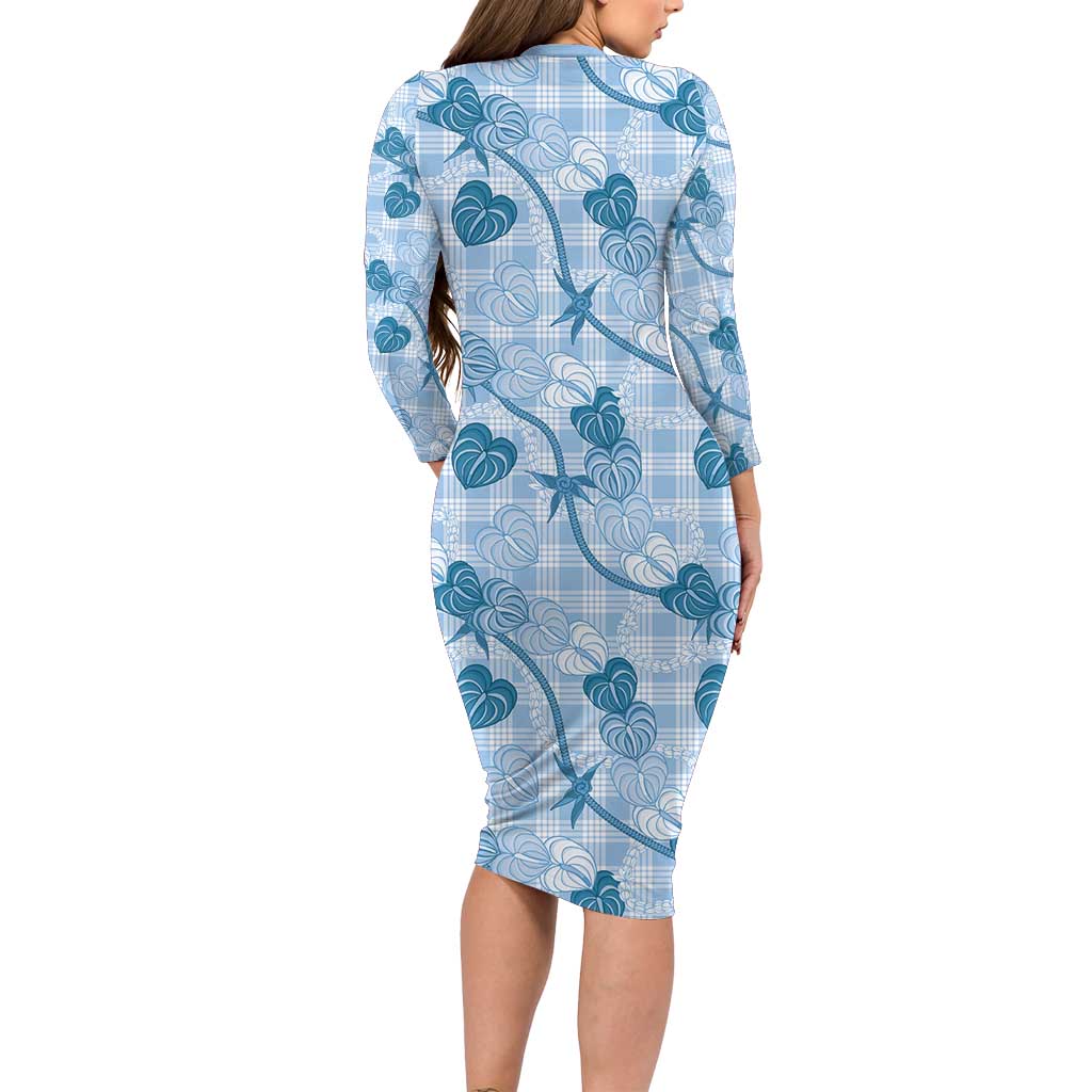 Anthurium Pikake Ti Leaf Palaka Long Sleeve Bodycon Dress Blue Version LT01 - Polynesian Pride