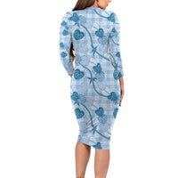 Anthurium Pikake Ti Leaf Palaka Long Sleeve Bodycon Dress Blue Version LT01 - Polynesian Pride