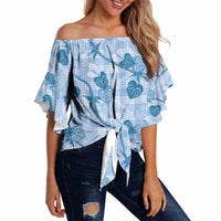 Anthurium Pikake Ti Leaf Palaka Off Shoulder Wrap Waist Top Blue Version LT01 - Polynesian Pride