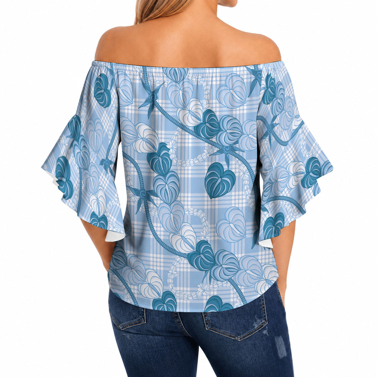 Anthurium Pikake Ti Leaf Palaka Off Shoulder Wrap Waist Top Blue Version LT01 - Polynesian Pride