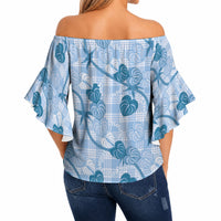 Anthurium Pikake Ti Leaf Palaka Off Shoulder Wrap Waist Top Blue Version LT01 - Polynesian Pride