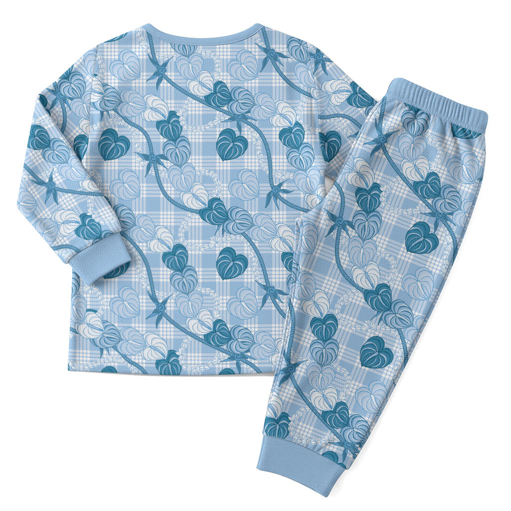 Anthurium Pikake Ti Leaf Palaka Christmas Pajama Set Blue Version LT01 - Polynesian Pride