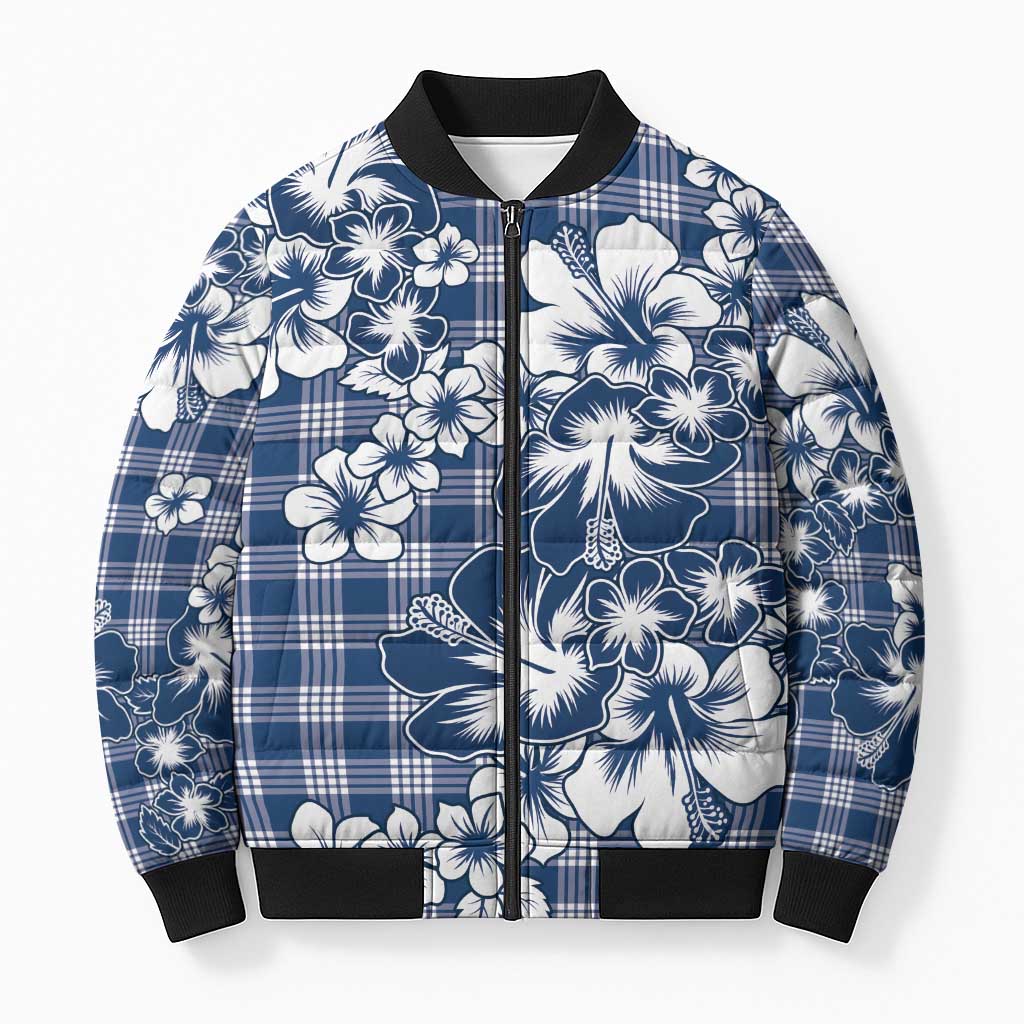 Hibiscus Pakala Cobalt Blue Royal Bomber Puffer Jacket Tropical Floral Stylized - Polynesian Pride