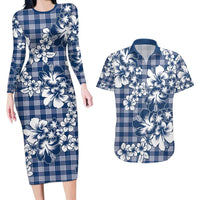 Hibiscus Pakala Cobalt Blue Royal Couples Matching Long Sleeve Bodycon Dress and Hawaiian Shirt Tropical Floral Stylized LT01 Blue - Polynesian Pride