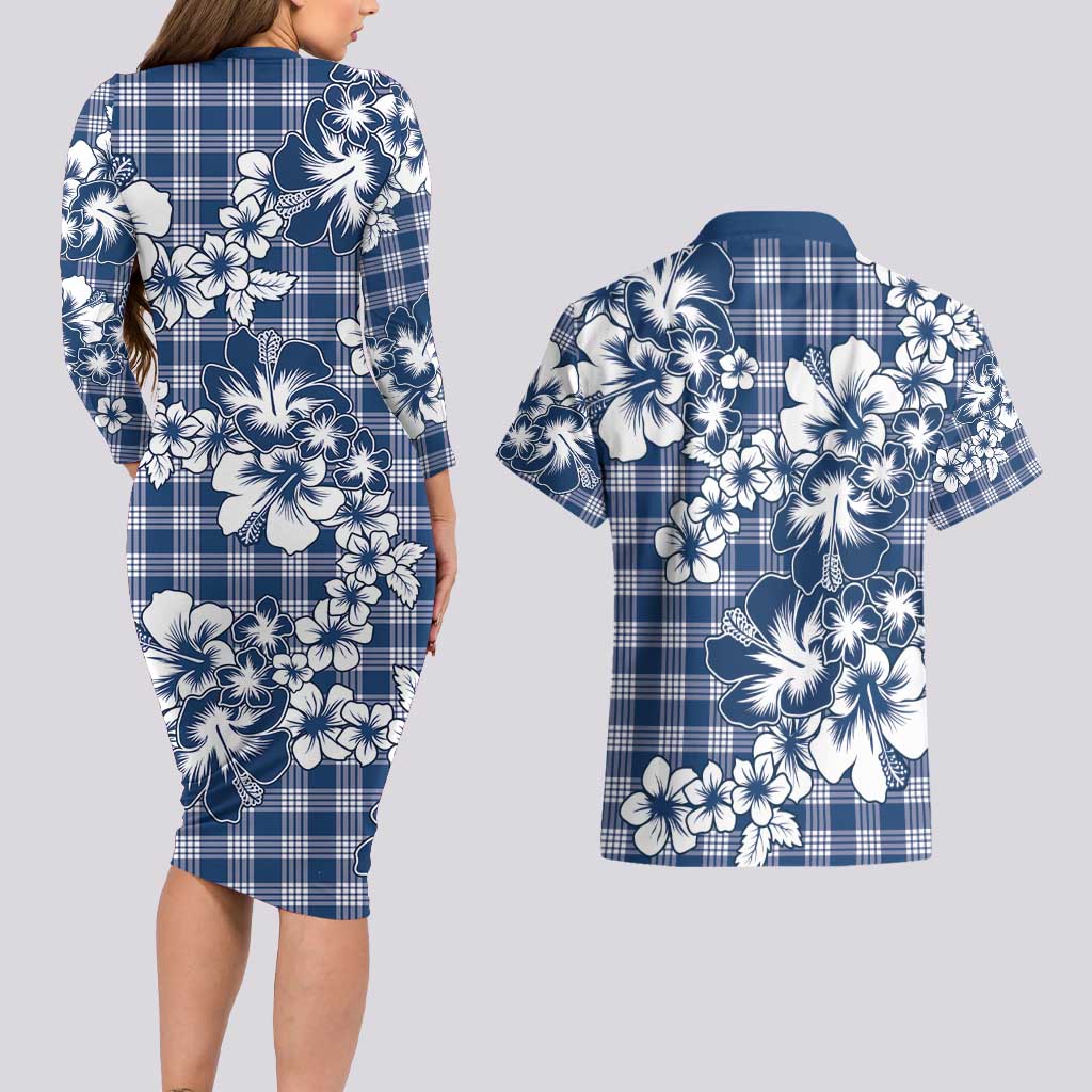 Hibiscus Pakala Cobalt Blue Royal Couples Matching Long Sleeve Bodycon Dress and Hawaiian Shirt Tropical Floral Stylized LT01 - Polynesian Pride