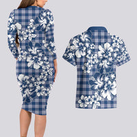 Hibiscus Pakala Cobalt Blue Royal Couples Matching Long Sleeve Bodycon Dress and Hawaiian Shirt Tropical Floral Stylized LT01 - Polynesian Pride