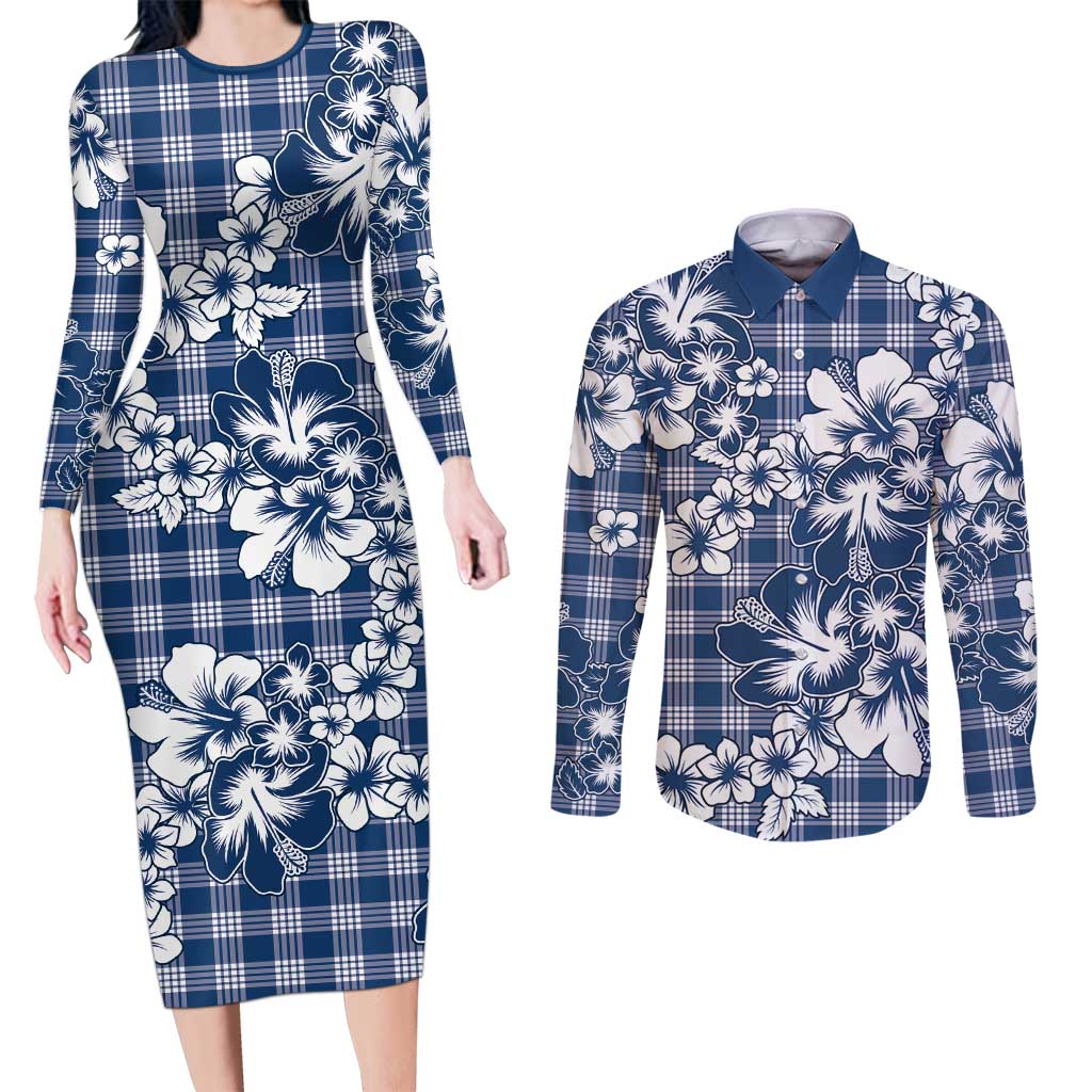 Hibiscus Pakala Cobalt Blue Royal Couples Matching Long Sleeve Bodycon Dress and Long Sleeve Button Shirt Tropical Floral Stylized LT01 Blue - Polynesian Pride