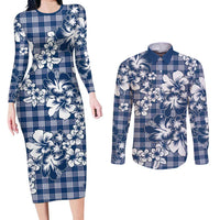 Hibiscus Pakala Cobalt Blue Royal Couples Matching Long Sleeve Bodycon Dress and Long Sleeve Button Shirt Tropical Floral Stylized LT01 Blue - Polynesian Pride