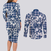 Hibiscus Pakala Cobalt Blue Royal Couples Matching Long Sleeve Bodycon Dress and Long Sleeve Button Shirt Tropical Floral Stylized LT01 - Polynesian Pride