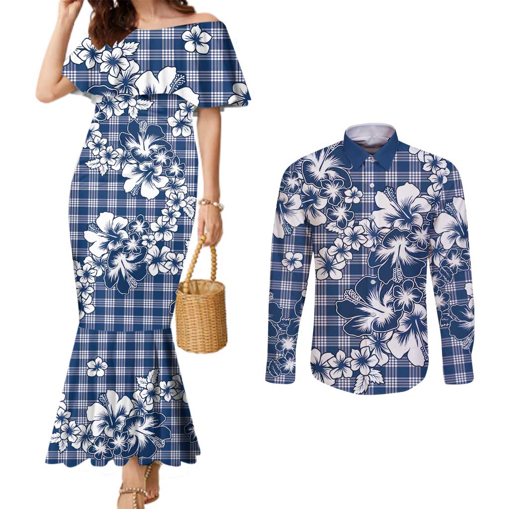 Hibiscus Pakala Cobalt Blue Royal Couples Matching Mermaid Dress and Long Sleeve Button Shirt Tropical Floral Stylized LT01 Blue - Polynesian Pride