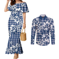 Hibiscus Pakala Cobalt Blue Royal Couples Matching Mermaid Dress and Long Sleeve Button Shirt Tropical Floral Stylized LT01 Blue - Polynesian Pride