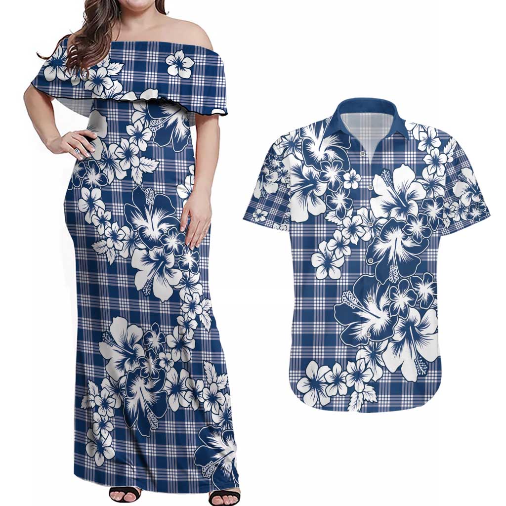 Hibiscus Pakala Cobalt Blue Royal Couples Matching Off Shoulder Maxi Dress and Hawaiian Shirt Tropical Floral Stylized LT01 Blue - Polynesian Pride