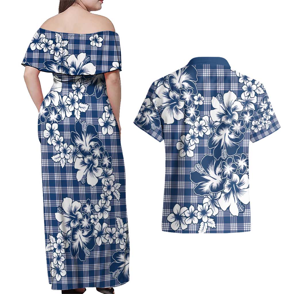 Hibiscus Pakala Cobalt Blue Royal Couples Matching Off Shoulder Maxi Dress and Hawaiian Shirt Tropical Floral Stylized LT01 - Polynesian Pride