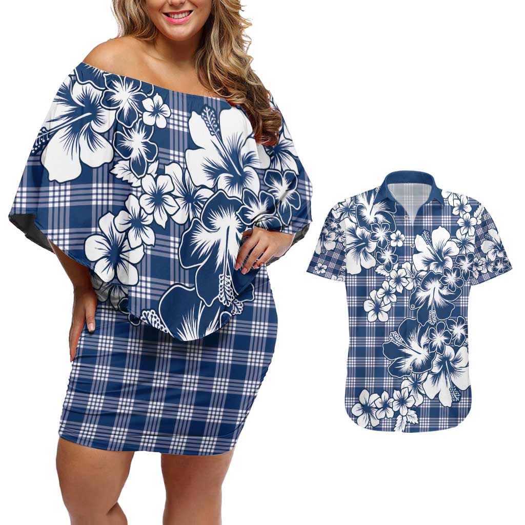 Hibiscus Pakala Cobalt Blue Royal Couples Matching Off Shoulder Short Dress and Hawaiian Shirt Tropical Floral Stylized LT01 Blue - Polynesian Pride