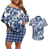Hibiscus Pakala Cobalt Blue Royal Couples Matching Off Shoulder Short Dress and Hawaiian Shirt Tropical Floral Stylized LT01 Blue - Polynesian Pride