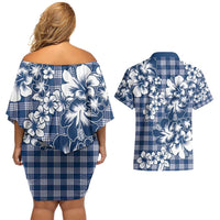 Hibiscus Pakala Cobalt Blue Royal Couples Matching Off Shoulder Short Dress and Hawaiian Shirt Tropical Floral Stylized LT01 - Polynesian Pride