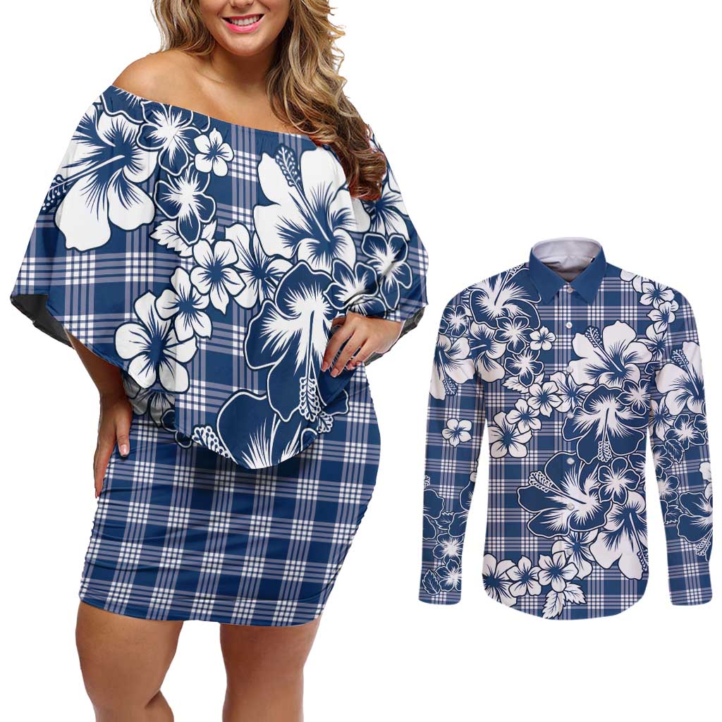 Hibiscus Pakala Cobalt Blue Royal Couples Matching Off Shoulder Short Dress and Long Sleeve Button Shirt Tropical Floral Stylized LT01 Blue - Polynesian Pride