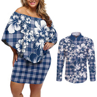 Hibiscus Pakala Cobalt Blue Royal Couples Matching Off Shoulder Short Dress and Long Sleeve Button Shirt Tropical Floral Stylized LT01 Blue - Polynesian Pride