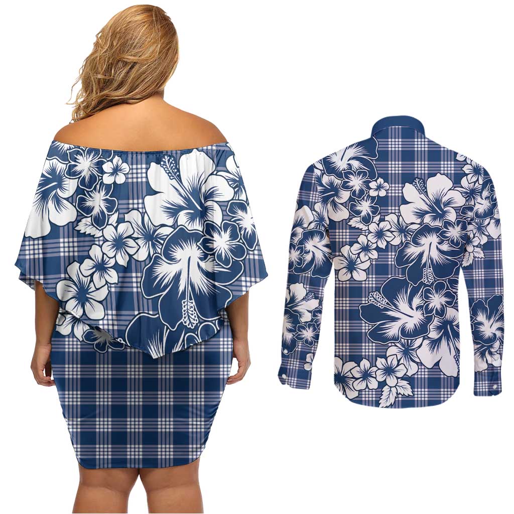 Hibiscus Pakala Cobalt Blue Royal Couples Matching Off Shoulder Short Dress and Long Sleeve Button Shirt Tropical Floral Stylized LT01 - Polynesian Pride