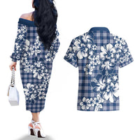 Hibiscus Pakala Cobalt Blue Royal Couples Matching Off The Shoulder Long Sleeve Dress and Hawaiian Shirt Tropical Floral Stylized LT01 - Polynesian Pride
