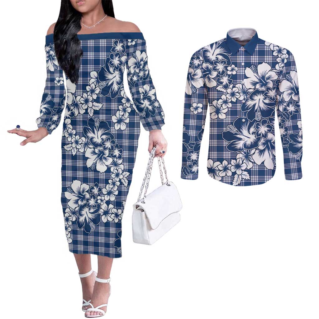 Hibiscus Pakala Cobalt Blue Royal Couples Matching Off The Shoulder Long Sleeve Dress and Long Sleeve Button Shirt Tropical Floral Stylized LT01 Blue - Polynesian Pride