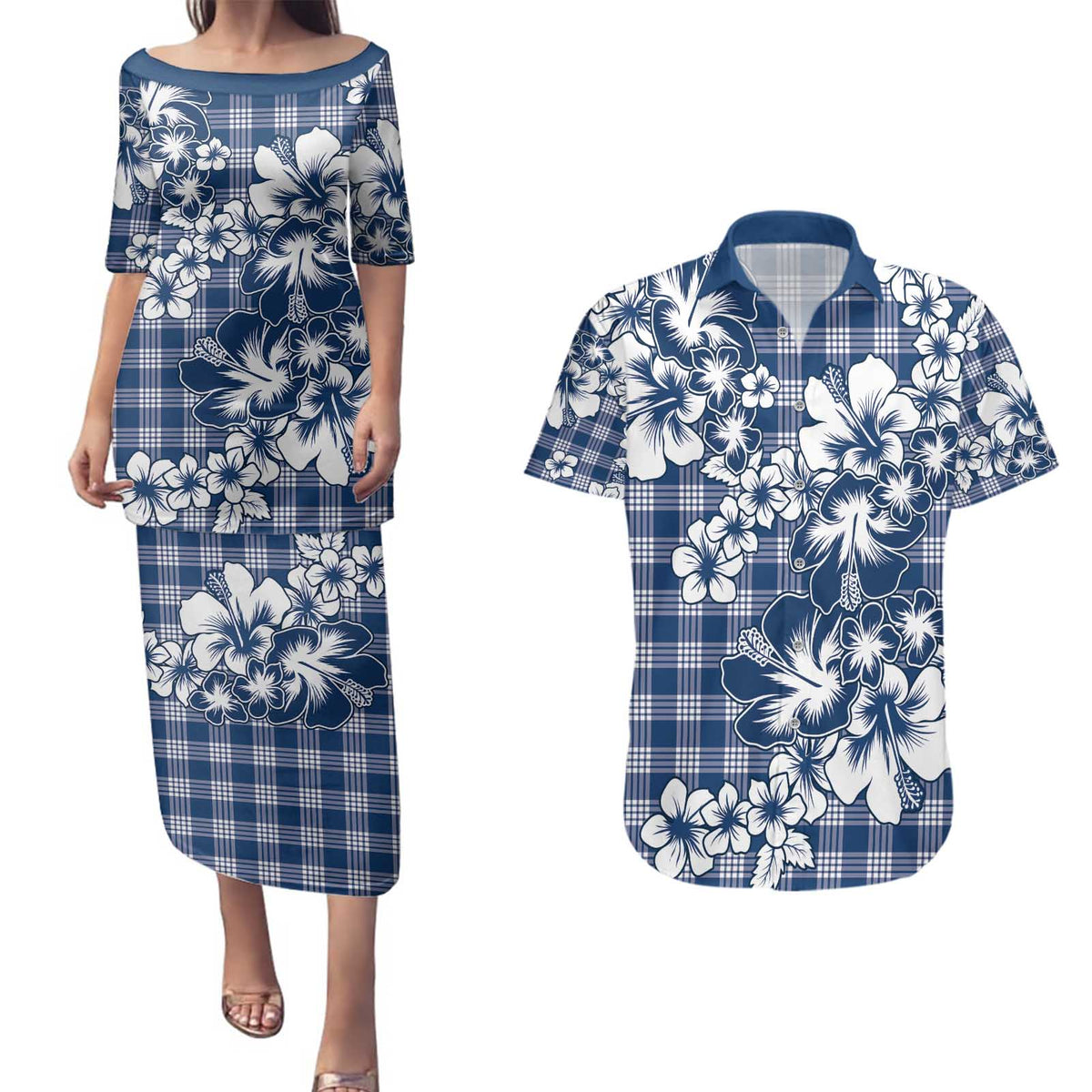 Hibiscus Pakala Cobalt Blue Royal Couples Matching Puletasi and Hawaiian Shirt Tropical Floral Stylized - Polynesian Pride
