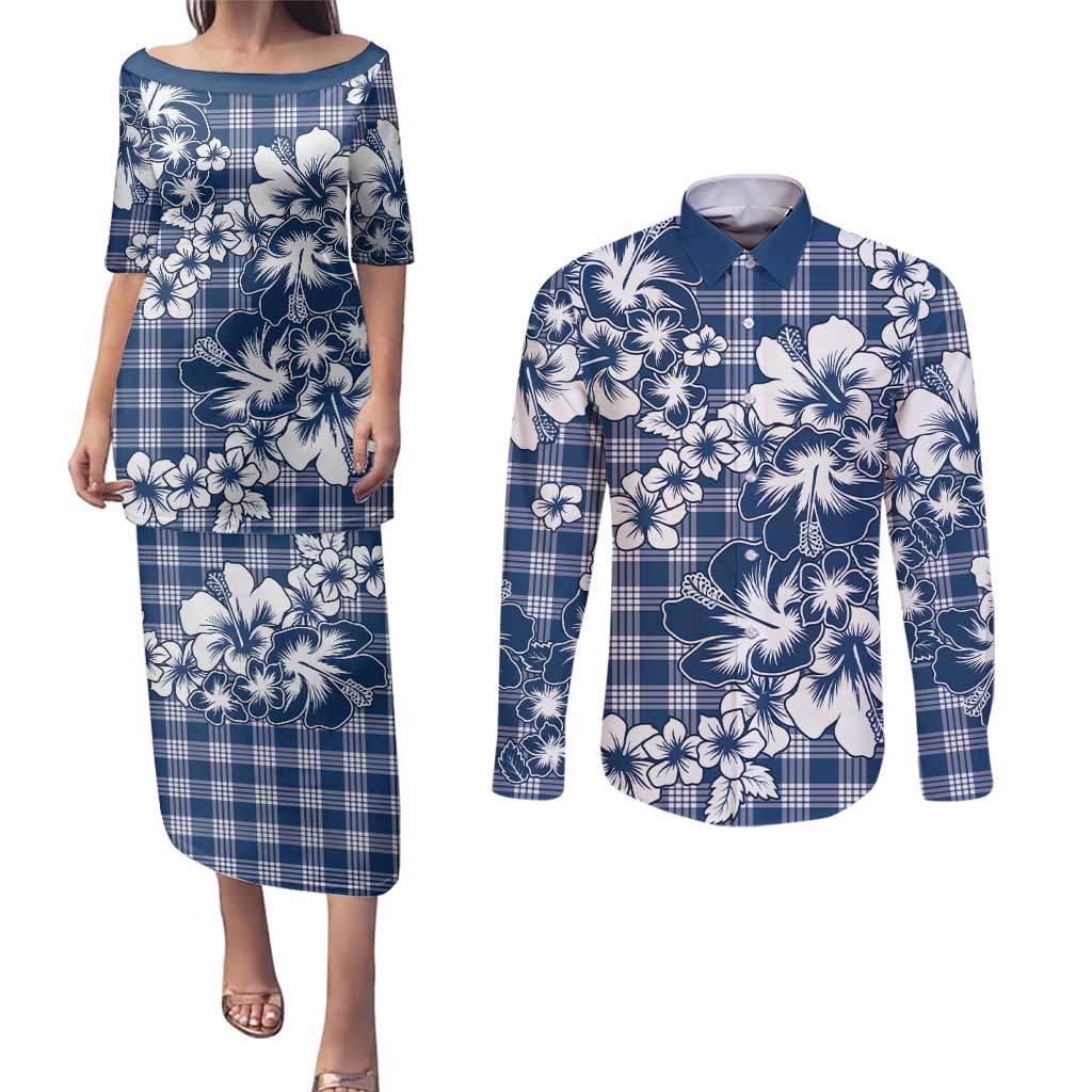 Hibiscus Pakala Cobalt Blue Royal Couples Matching Puletasi and Long Sleeve Button Shirt Tropical Floral Stylized LT01 Blue - Polynesian Pride