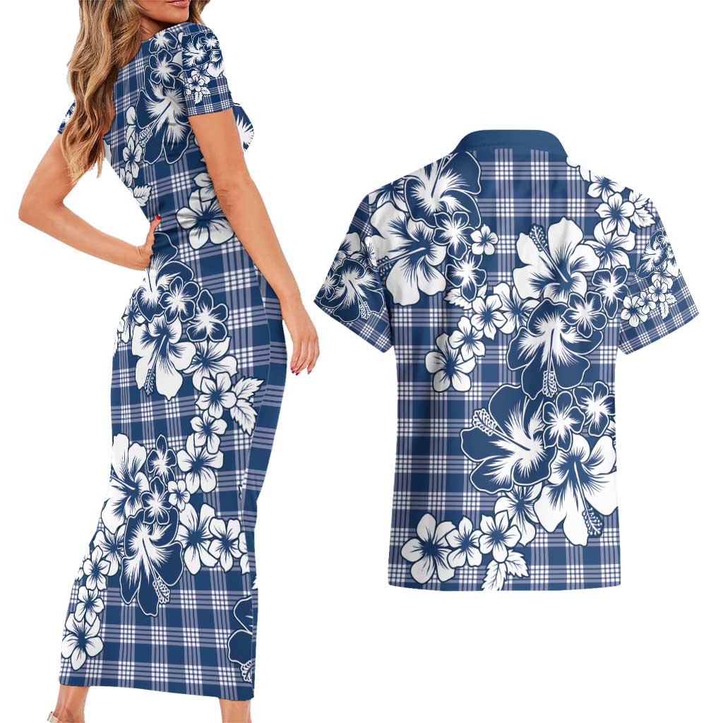 Hibiscus Pakala Cobalt Blue Royal Couples Matching Short Sleeve Bodycon Dress and Hawaiian Shirt Tropical Floral Stylized LT01 - Polynesian Pride