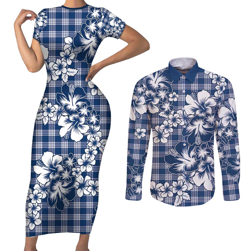 Hibiscus Pakala Cobalt Blue Royal Couples Matching Short Sleeve Bodycon Dress and Long Sleeve Button Shirt Tropical Floral Stylized LT01 Blue - Polynesian Pride