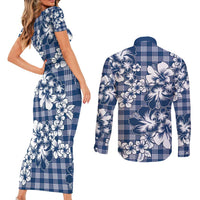 Hibiscus Pakala Cobalt Blue Royal Couples Matching Short Sleeve Bodycon Dress and Long Sleeve Button Shirt Tropical Floral Stylized LT01 - Polynesian Pride