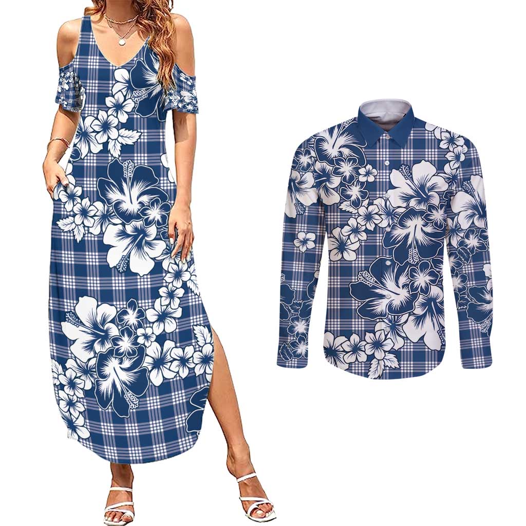 Hibiscus Pakala Cobalt Blue Royal Couples Matching Summer Maxi Dress and Long Sleeve Button Shirt Tropical Floral Stylized LT01 Blue - Polynesian Pride