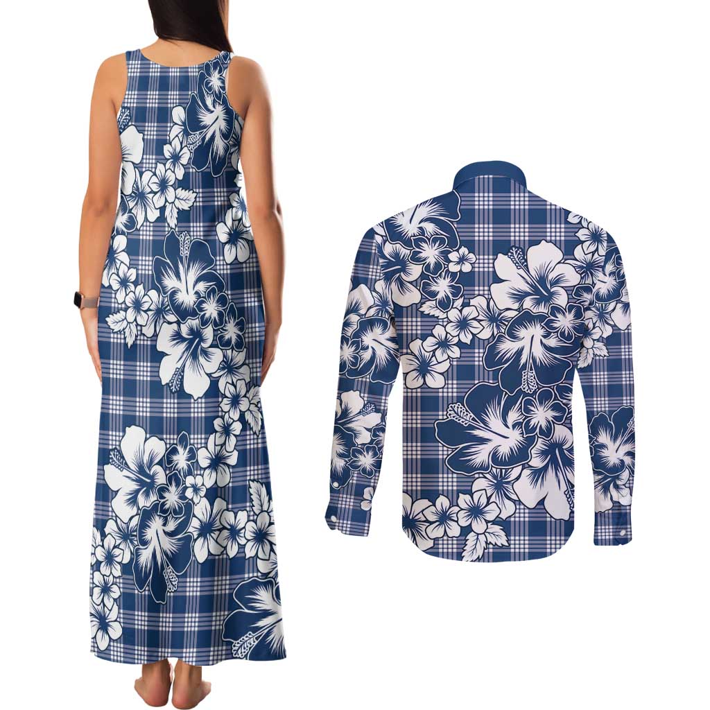 Hibiscus Pakala Cobalt Blue Royal Couples Matching Tank Maxi Dress and Long Sleeve Button Shirt Tropical Floral Stylized LT01 - Polynesian Pride