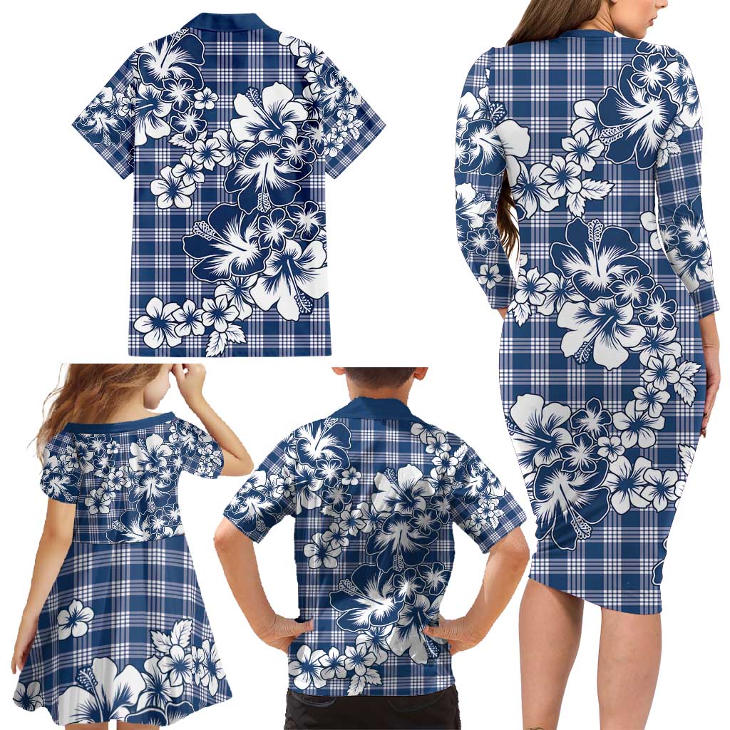 Hibiscus Pakala Cobalt Blue Royal Family Matching Long Sleeve Bodycon Dress and Hawaiian Shirt Tropical Floral Stylized LT01 - Polynesian Pride