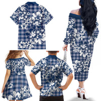Hibiscus Pakala Cobalt Blue Royal Family Matching Off The Shoulder Long Sleeve Dress and Hawaiian Shirt Tropical Floral Stylized LT01 - Polynesian Pride