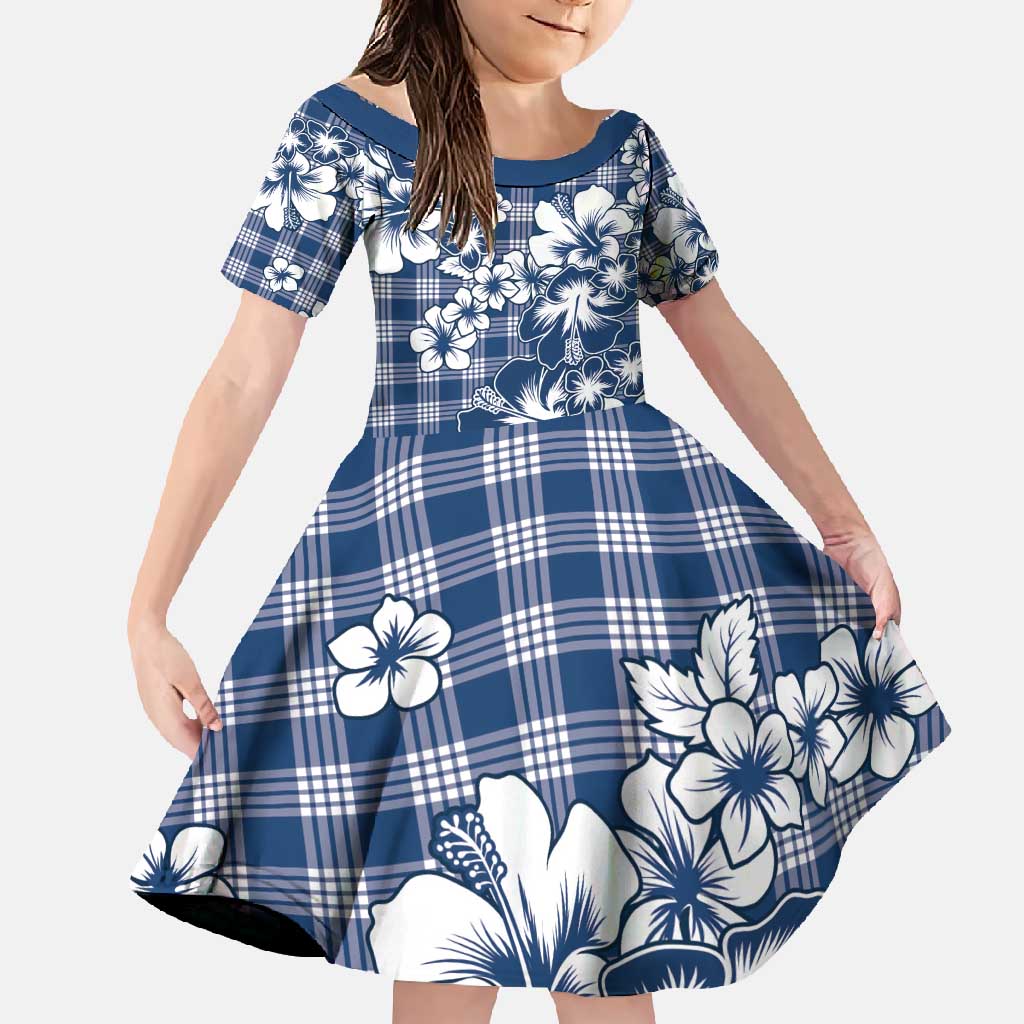 Hibiscus Pakala Cobalt Blue Royal Family Matching Off Shoulder Maxi Dress and Hawaiian Shirt Tropical Floral Stylized LT01 Daughter's Dress Blue - Polynesian Pride