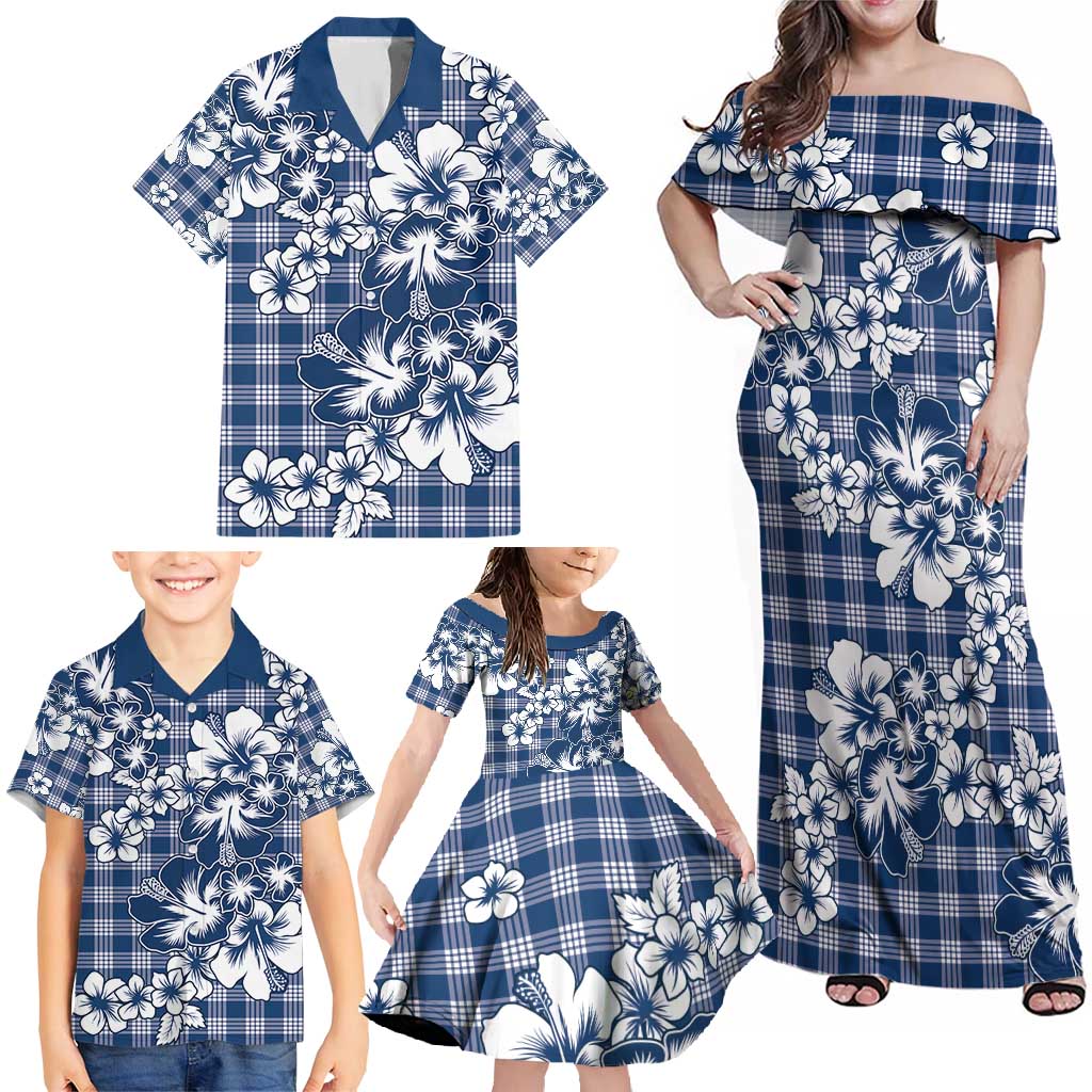 Hibiscus Pakala Cobalt Blue Royal Family Matching Off Shoulder Maxi Dress and Hawaiian Shirt Tropical Floral Stylized LT01 - Polynesian Pride